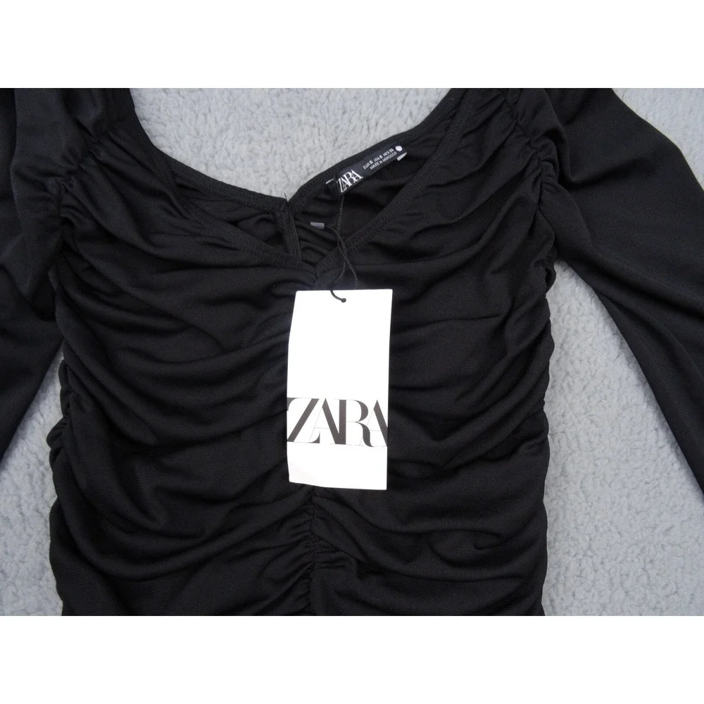 Zara Womens Top Size Small Black Ruched Front Back Long Sleeve Double V-Neck NWT
